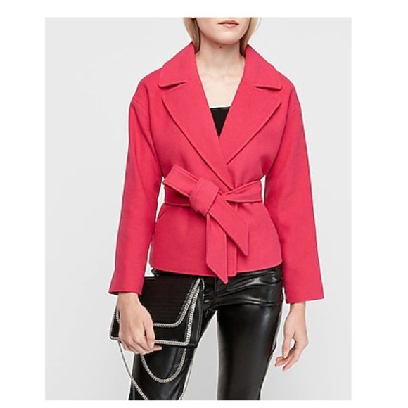 EXPRESS Belted Wool Cropped Trench Style Jacket Color Magenta Pink Sz Small
